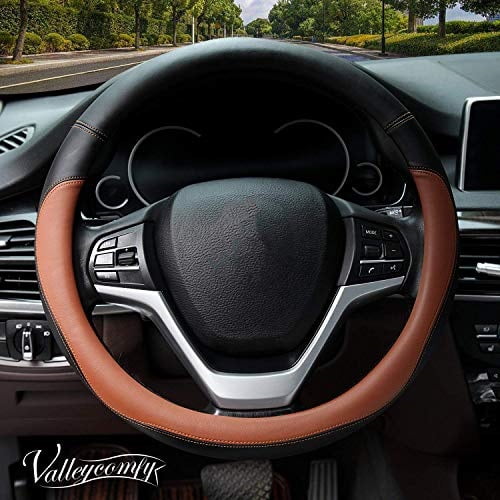 UNIVERSAL BLACK/BROWN 37 TO 39CM FAUX LEATHER STEERING WHEEL COVER-VXL2 