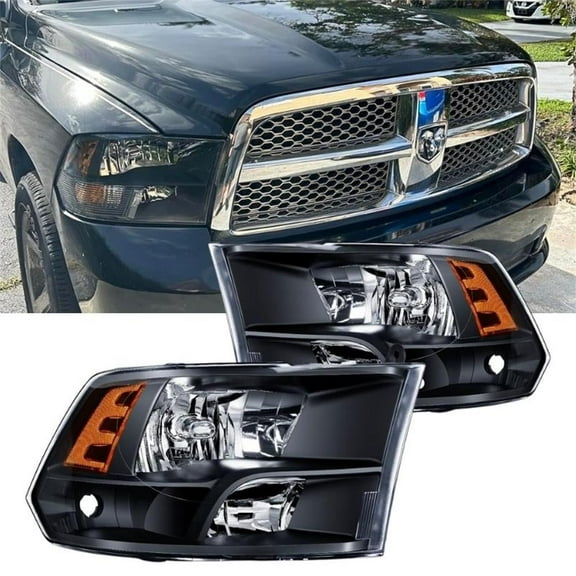 Headlight Assembly for 2009-2018 Dodge Ram 1500 2500 3500/2019-2022 Ram 1500 Classic Pickup Quad Headlamp Replacement Black Housing Amber Corner