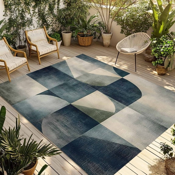 Fsddascl Navy Blue Geometric Outdoor Rug for Patio/Deck/Porch, Non-Slip Large Area Rug 4 x 6 Ft, Grey Modern Abstract Art Indoor Outdoor Rugs Washable Area Rugs, Reversible Camping Rug Carpet Runner