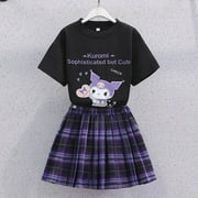 Kawaii Kuromi Short Sleeves Skirt Suit Sanrio Anime Preppy Style T-shirt Pleated Skirt Fashion Trend Uniform