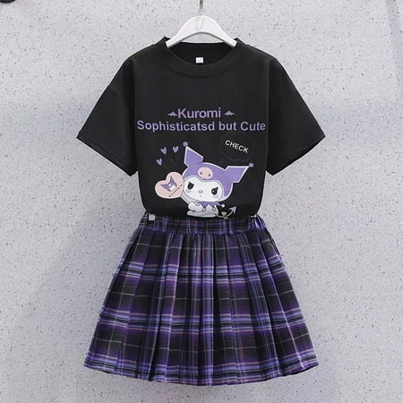 Kawaii Kuromi Short Sleeves Skirt Suit Sanrio Anime Preppy Style T-shirt Pleated Skirt Fashion Trend Uniform
