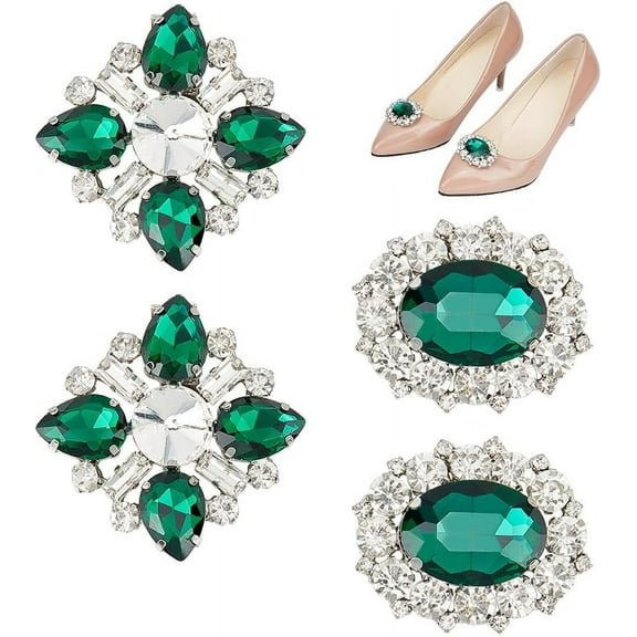 2 Pairs 2 Style Detachable Rhinestone Shoe Decoration with Alloy Buckle Clip Green 39~53x47~53x13~14mm 1 pairs/style