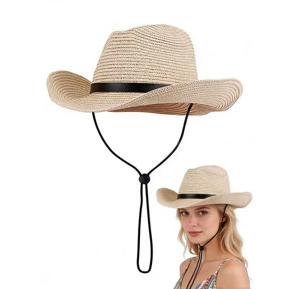 Gustave Straw Cowboy Hat for Women Men Wide Brim Western Cowgirl Hat Summer Beach Sun Hat with Windproof Chin Strap - Beige