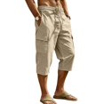 thumbnail image 6 of Linen Capri Pants for Men Big and Tall Classic Straight Leg Cargo Capris Elastic Waist Pull On Cropped Lounge Pants Khaki M, 6 of 9