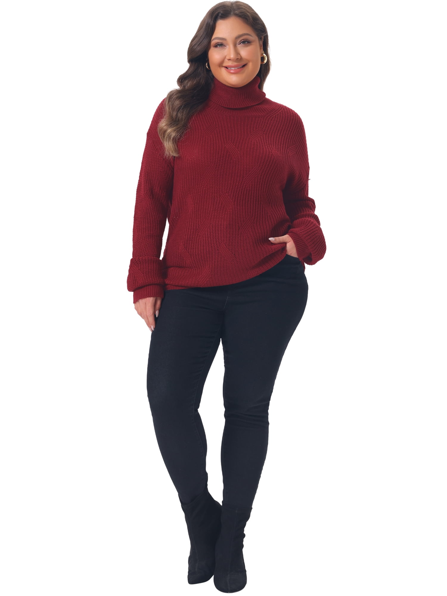 DARING DIVA Women's Plus Turtleneck Long Sleeve Chunky Pullover L Burgundy