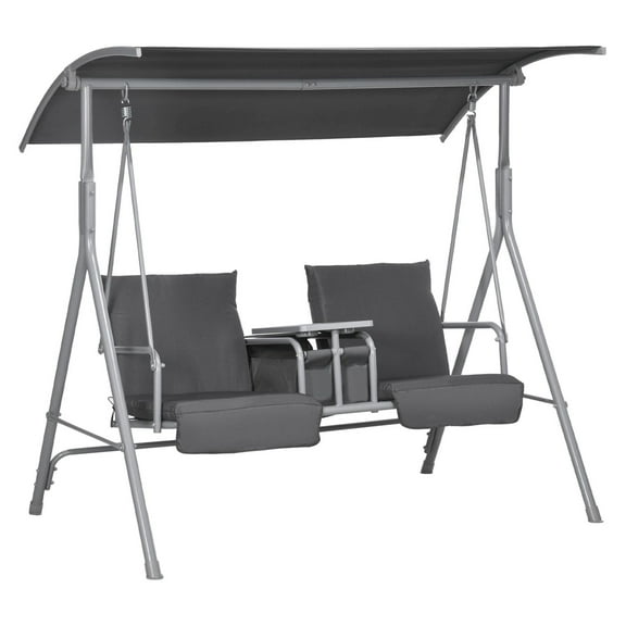 SAZYY 2-Seater Outdoor Porch Swing with Canopy and Table, Patio Loveseat Chair for Garden Poolside Backyard Relaxation Gray