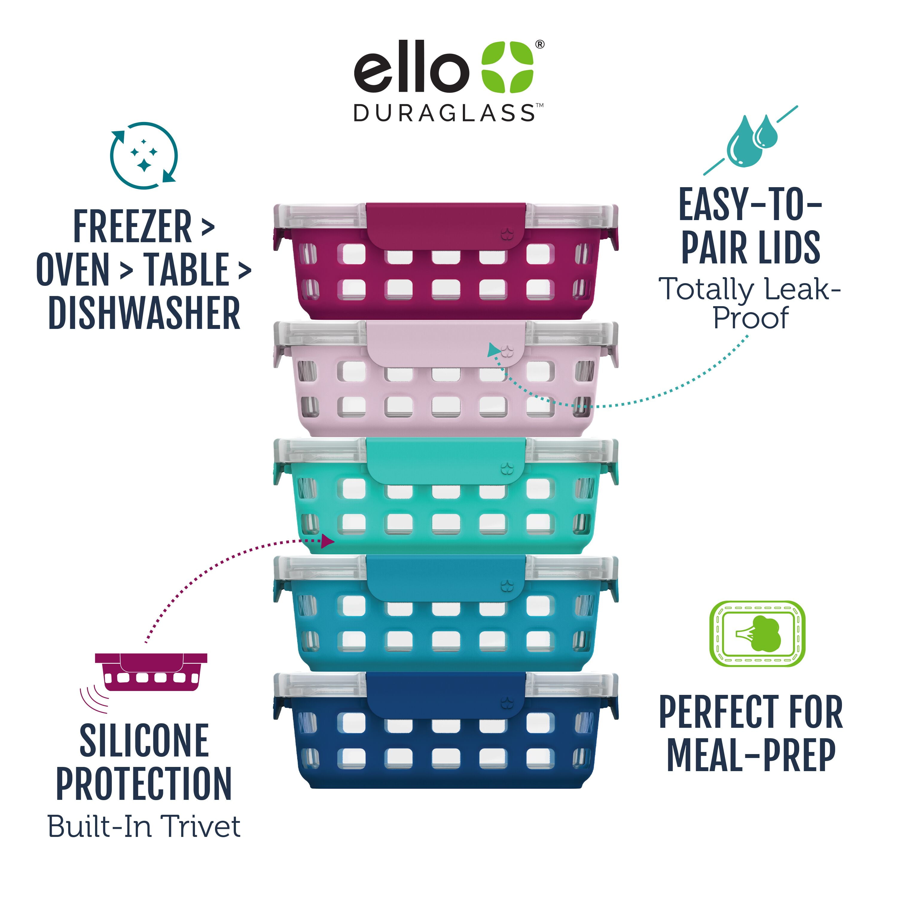 Ello Glass 3.4 Cup 27 Ounce Duraglass Food Storage Meal Prep Container Set,  10 Piece - AliExpress