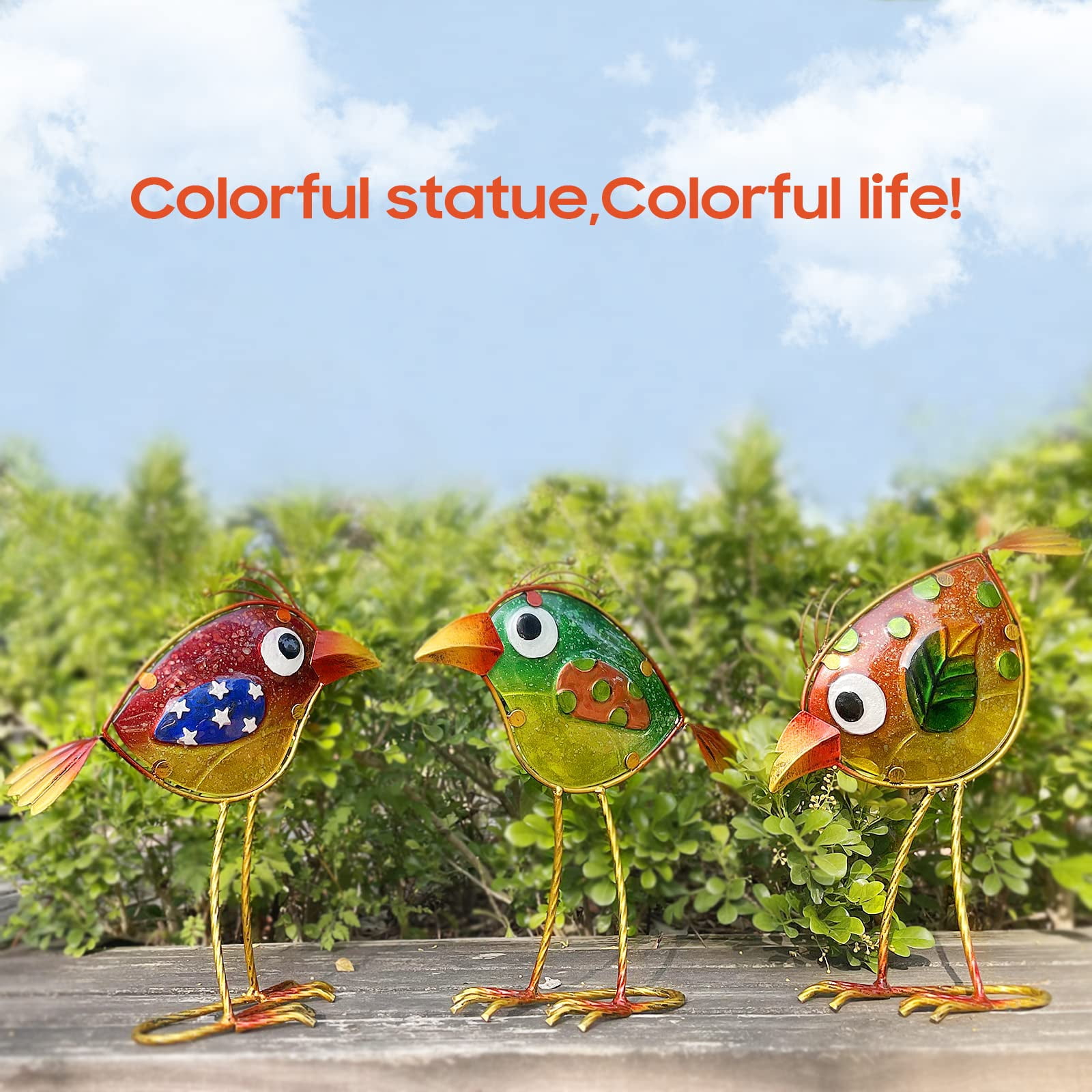 Garden Decor For Outside Funny Metal & Glass Bird Indoor Outdoor Set Of 3 Yard Art Statues Decorations Colorful And Patriotic