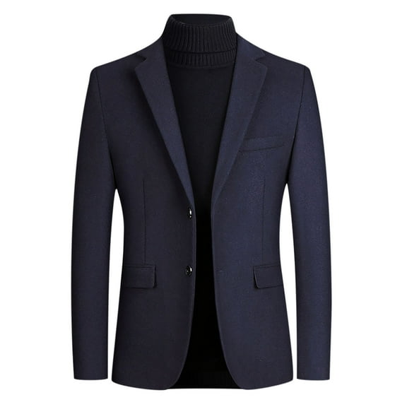 Holloyiver Men's Warm Winter Trench Coats Single-breasted Solid Color Fashion Suit Business Casual Suit Wool Coat Dark Blue