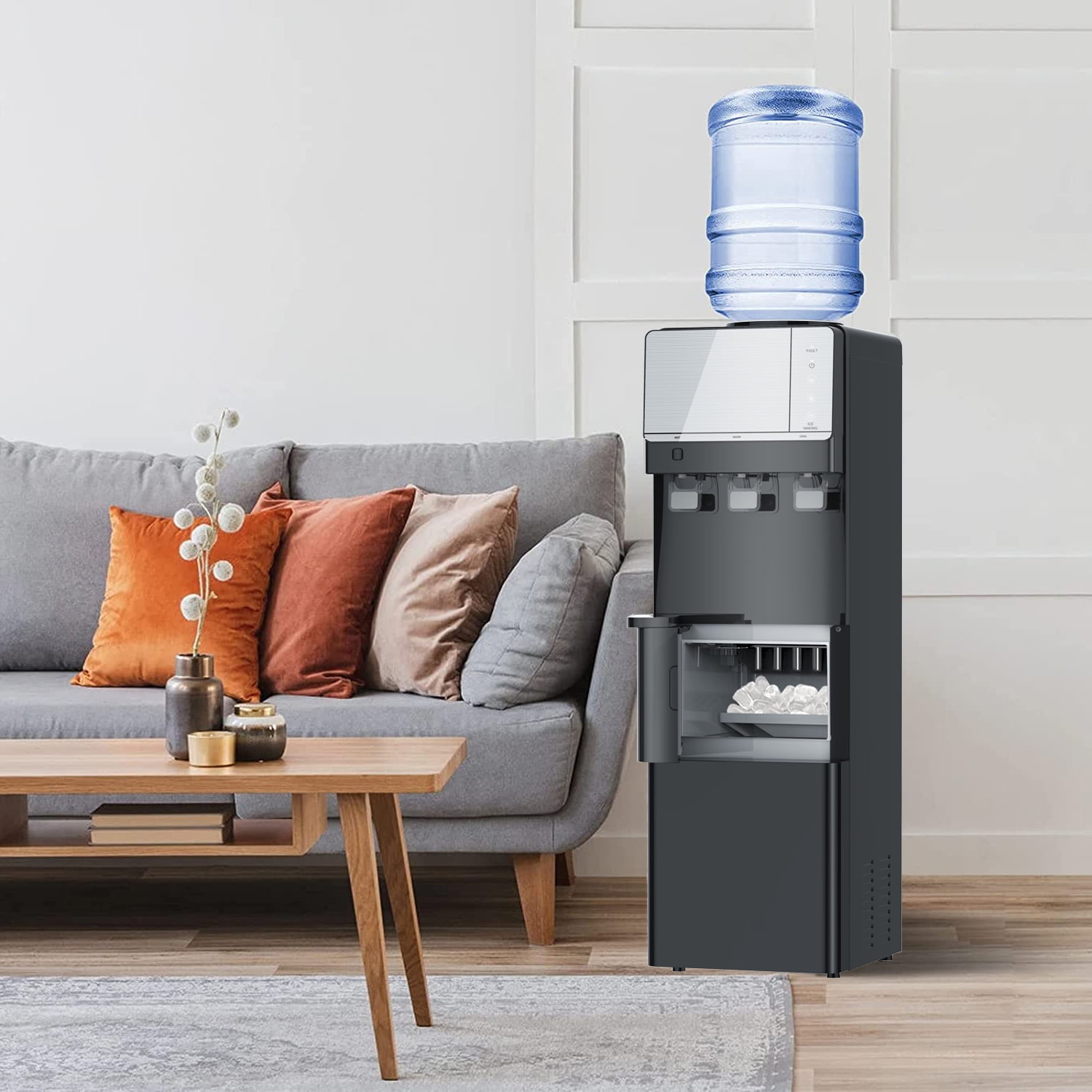 SOOPYK 3 in 1 Water Cooler Dispenser with Ice Maker, Hot Cold Room Temp Water and Bullet Ice, Top Loading 3 - 5 Gallon, 27 Lbs per 24H , Night Light, Black