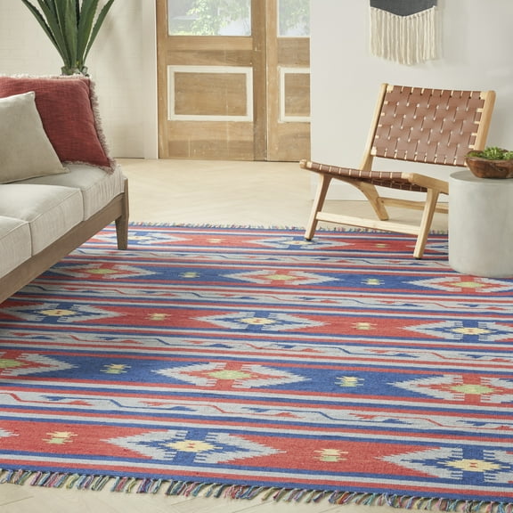 Nourison Baja Tribal Blue/Red 6'6" x 9'6" Area Rug, (7x10)