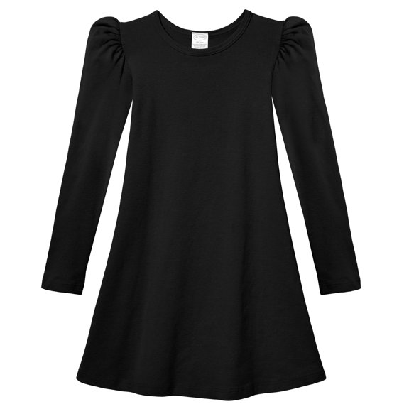 Girls Soft Cotton Puff Long Sleeve Dress | Black