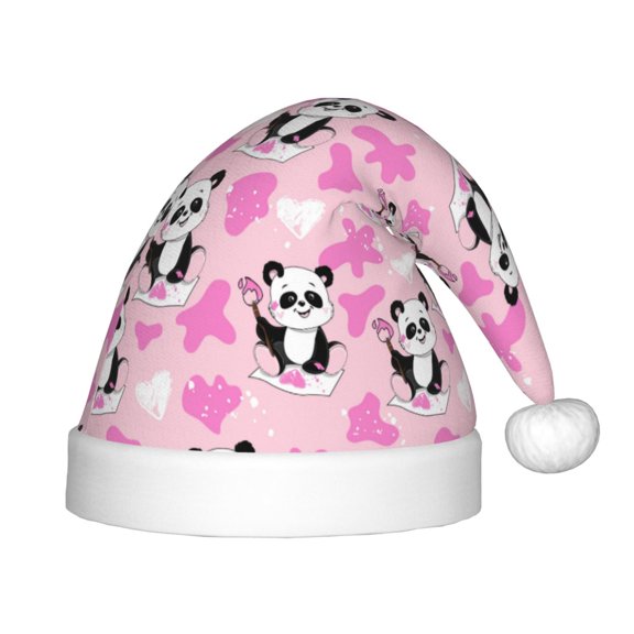 Fuzoiu Funny Panda Draws A Heart Print Santa Hat Christmas Hat for kids,Santa Hats with Pompom, Unisex Xmas Holiday Hat for Christmas New Year Festive Party Supplies