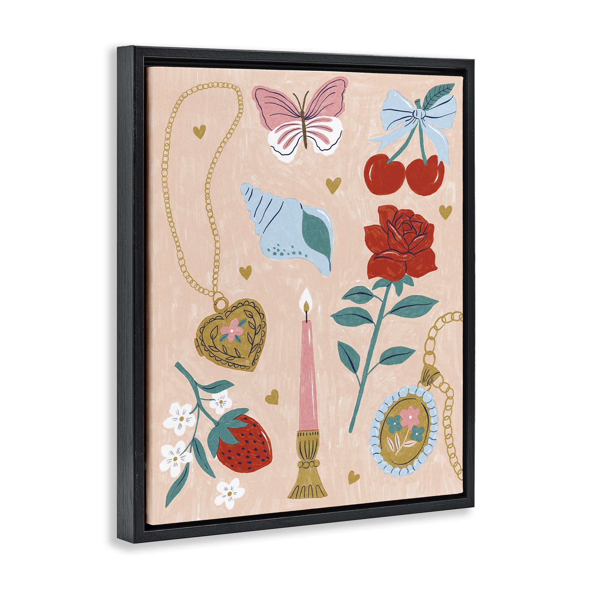 Stupell Industries Fun Feminine Embellishments Plants & Flowers Painting Black Floater Framed Canvas Art Print Wall Art, 17 x 21