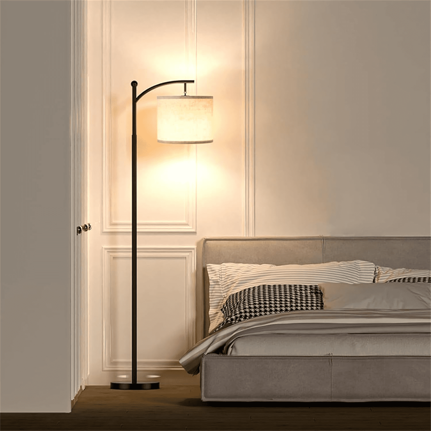Floor Lamp for Living Room,LED Standing Lamp Tall Industrial Floor Lamp Reading for Bedroom, Office (9W, Beige Lampshade Included) -Black