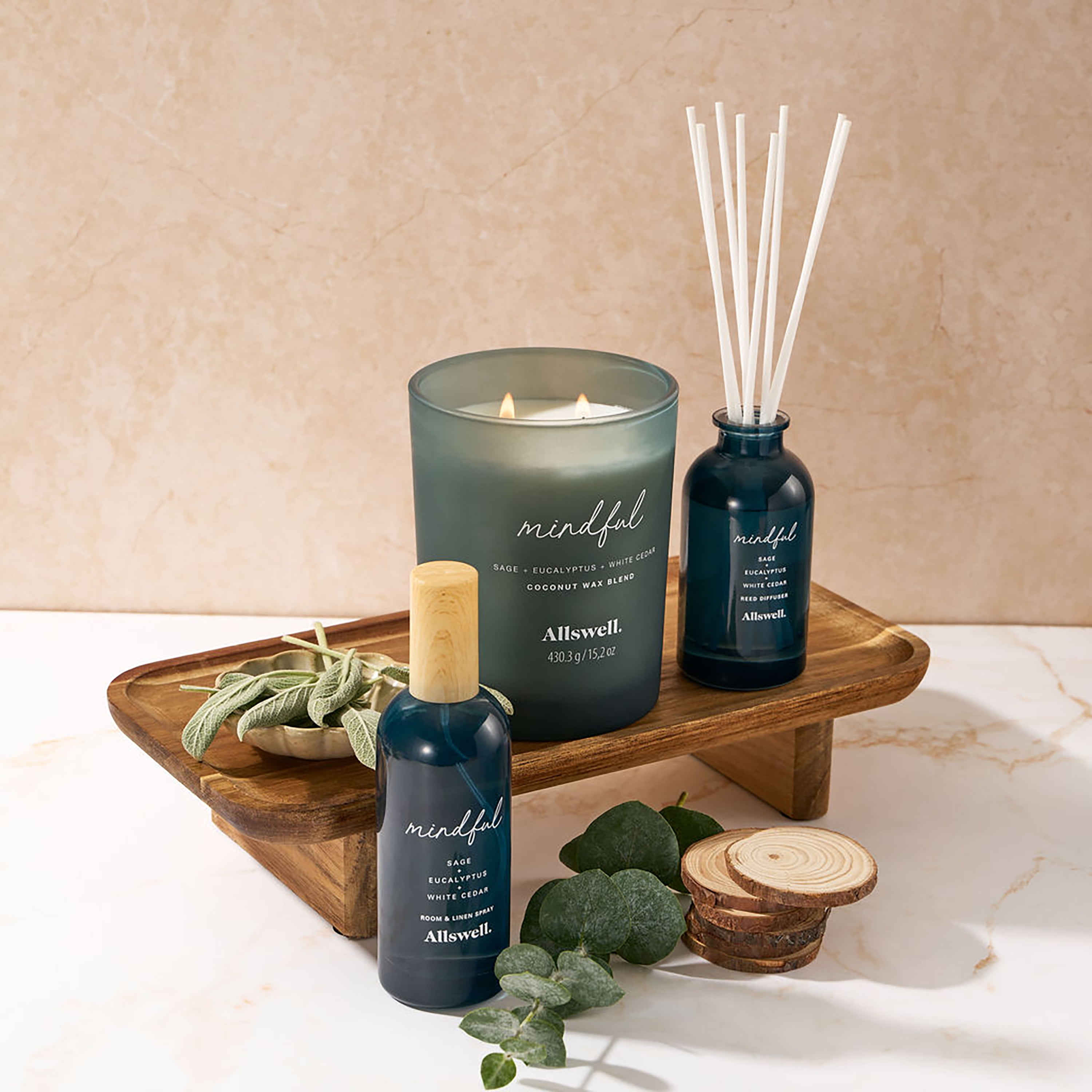 Allswell Mindful (Sage + Eucalyptus + White Cedar) Scented 2-Wick Spa Jar Candle 15oz.