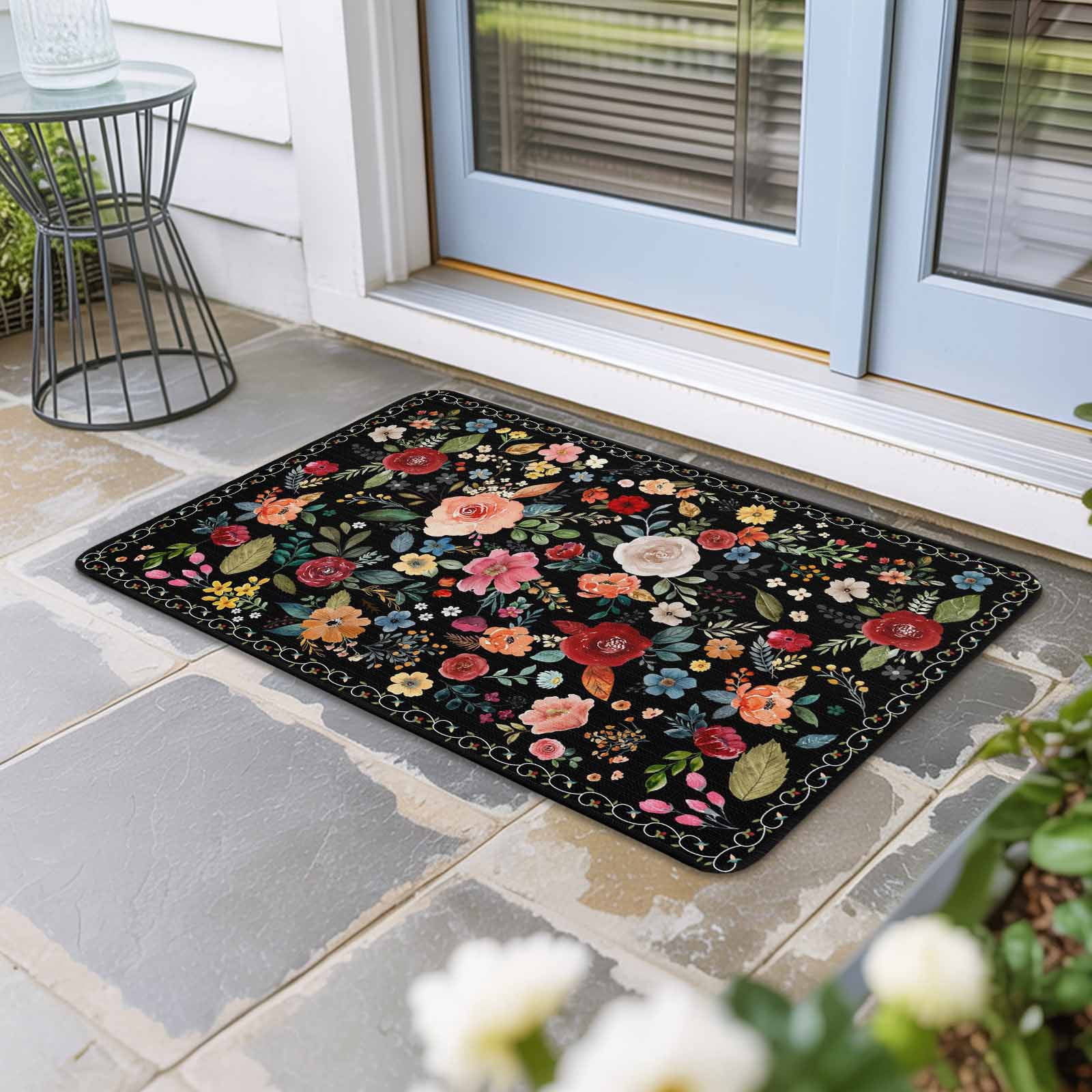Watercolor Flowers Doormat Outdoor Entrance 18"x30", Farmhouse Floral Vintage Black Absorb Moisture Dirt Door Mats, Non-Slip Rubber Backing Floor Mats Indoor, Low-Profile Front Door Rugs
