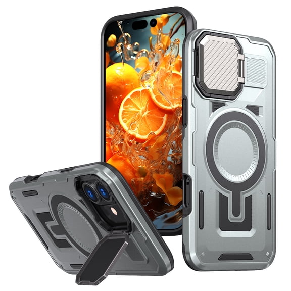 for iPhone 17 Armor Case with Stand, [Compatible with MagSafe] [Built-in Camera Cover Kickstand] Heavy Duty Rugged Strong Magnetic Hard Phone Case for iPhone 17, Gray