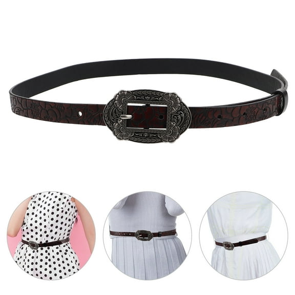 GOOHOCHY Vintage Western Cowboy Belt for Women Men Country Belts Antique Retro Style PU Waist Belts with Carved Buckle for Daily Wearing