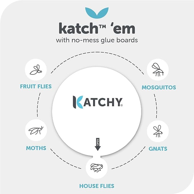 Katchy Outdoor + Glueboard Refill (4 Pack) - Glue Board Refills for Mosquito, Gnat, Moth, Fruit Flies - Non-Zapper Traps for Buzz-Free Home