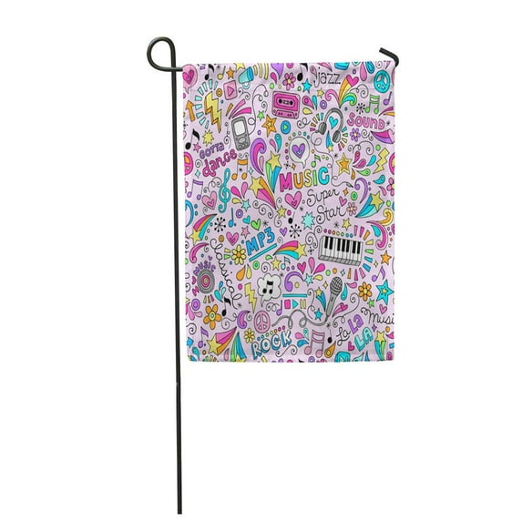 LADDKE Pattern Music Rock and Roll Star Groovy Doodles Teen Flower Garden Flag Decorative Flag House Banner 12x18 inch