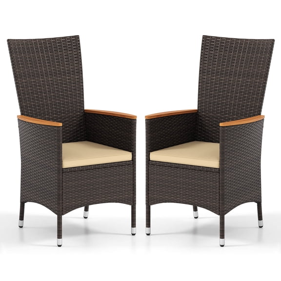 Costway Patio Rattan Chairs Set of 2 with High Backrest & Acacia Wood Armrests, Cushion