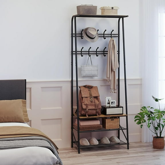 Coat Rack, Entryway Hall Tree with Shoe Storage and 10 Hooks, Sturdy Metal Frame Hallway Organizer with Storage, Industrial Accent Furniture for Living Room Bedroom