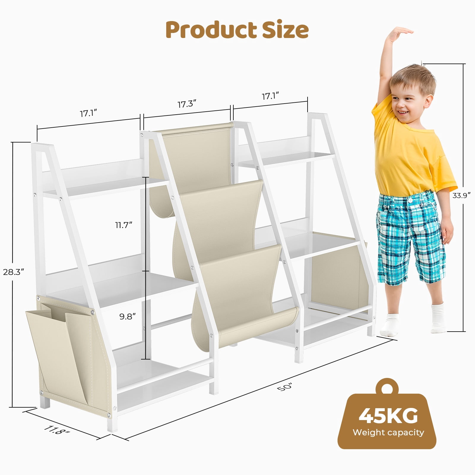 Fenbeli 3-Tier Kids Bookshelf Toy Storage Organizer with 2 Side Pockets for Bedroom and Nursery, White