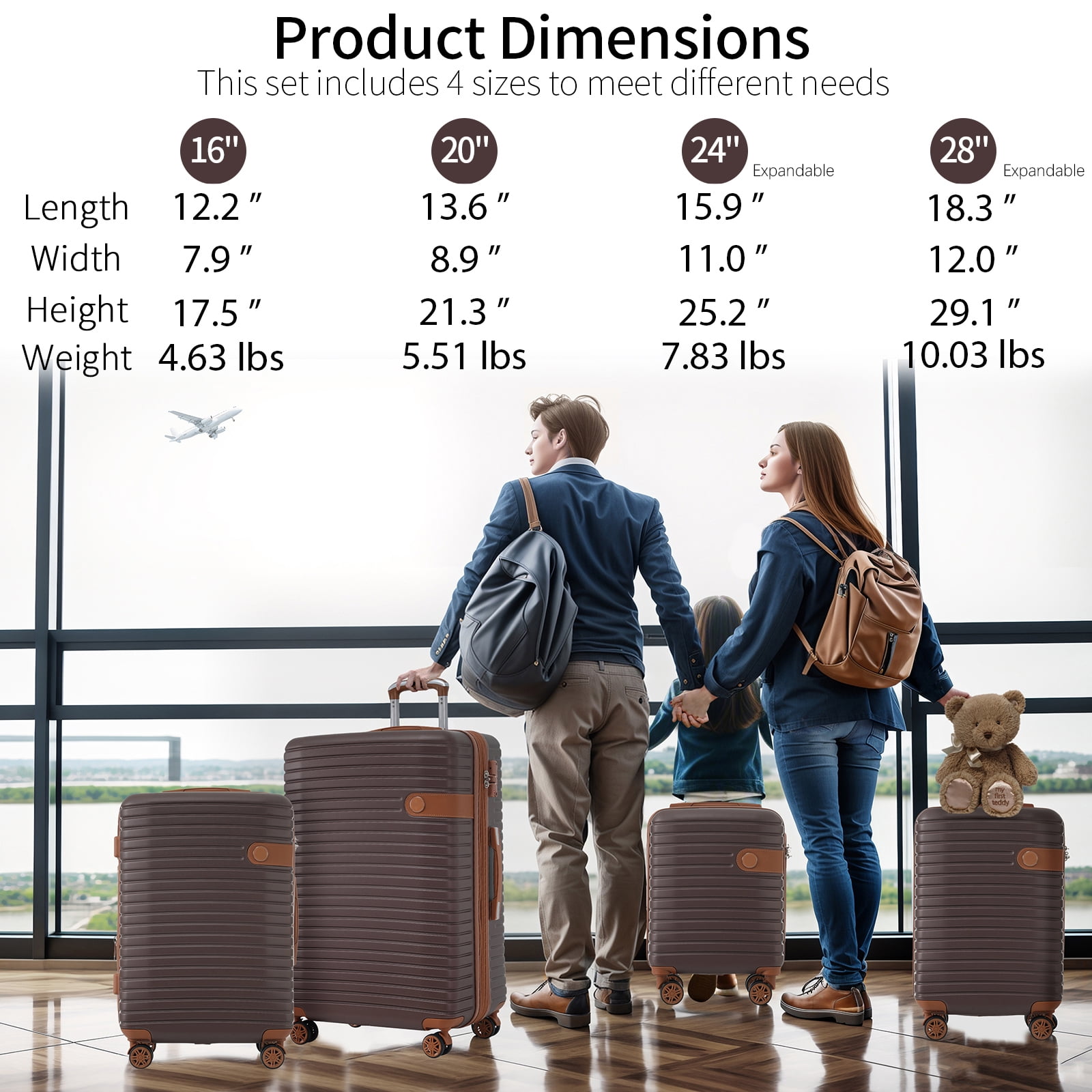 4-Piece ABS Luggage Set with TSA Lock, 16"/20"/24"/28" Spinner Suitcases, 25% Expandable, Double Wheels, Complete Travel Set for Family Vacations