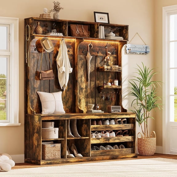 iPormis 70“ Large Hall Tree with Bench and Adjustable Storage Shelves, 6-in-1 Farmhouse Entryway Bench w/Coat Rack, Top Storage, Small Shelves for Entryway, Living Room, Led Lights, Rustic Brown