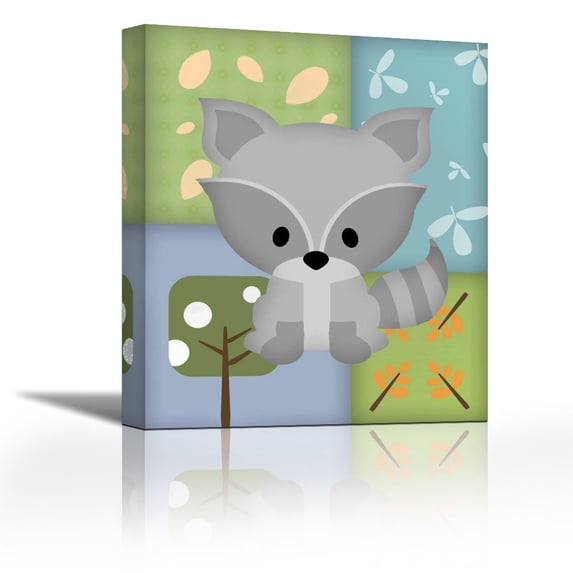 Woodland Raccoon Patchwork - Contemporary Fine Art Giclee on Canvas Gallery Wrap - wall décor - Art painting - 20 x 24 Inch - Ready to Hang