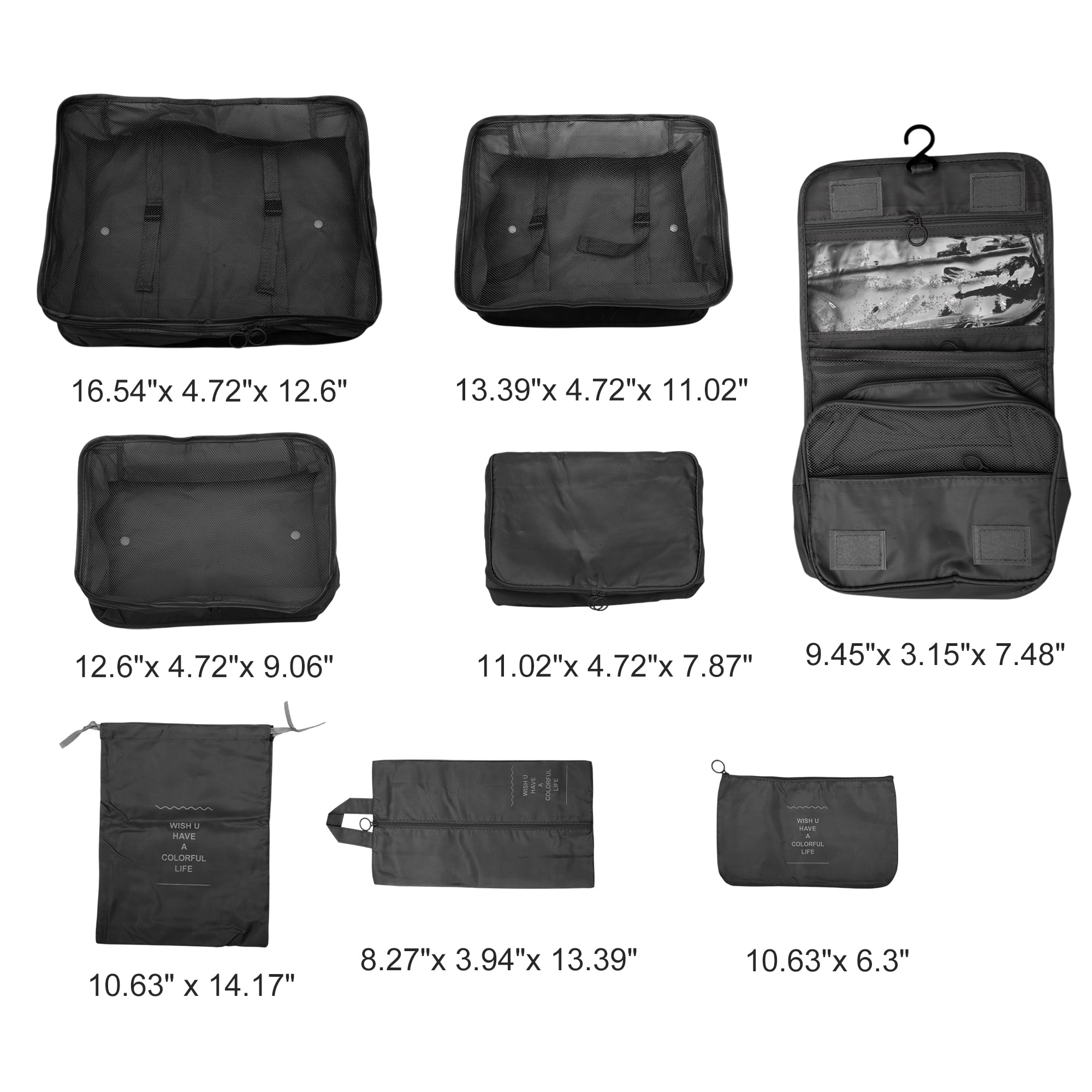 Unique Bargains 8 Pcs Portable Packing Cube Set for Luggage Black