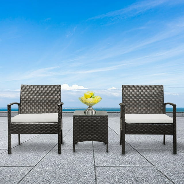 3pcs Outdoor Conversation Set for Patio, BTMWAY All-weather Patio Deck Furniture Set for Lawn Backyard Garden Poolside,Wicker Outdoor Bistro Sofa Chairs Set with Bistro Chair/Side Table/Cushions,R654