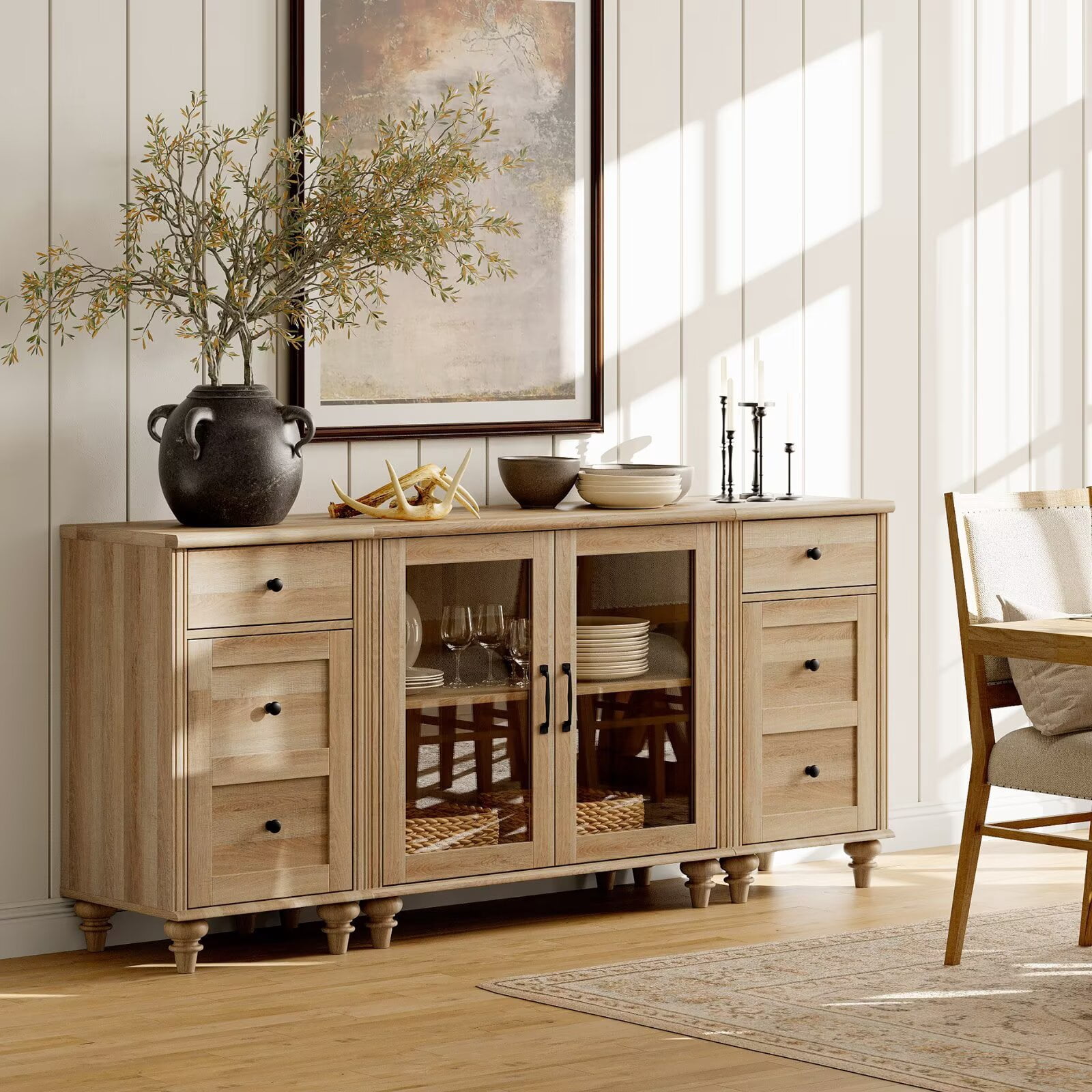 Kitchen Buffet Sideboard Cabinet with 2 Glass Doors, Mid-Century Cupboard & End Table with Charging Station, 3-in-1 Console Table Entertainment Center for Living Room and Dining Room, Oak
