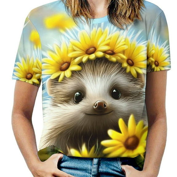Cute Hedgehog Floral Crown T Shirts Basic T-Shirt Short Sleeve Ladies Tee Shirt Summer Graphic Clothing