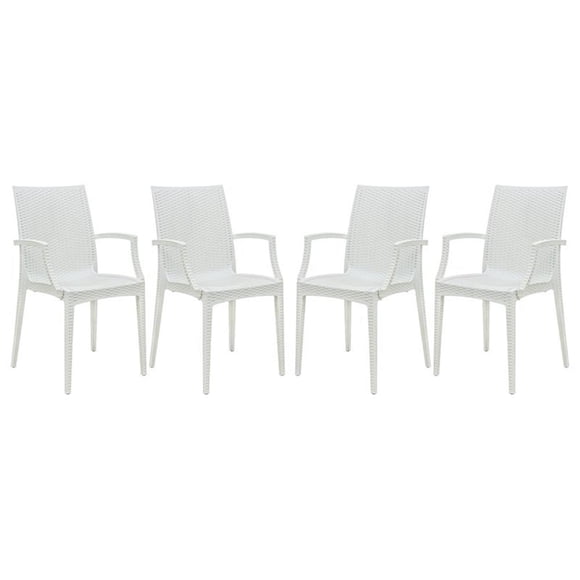 LeisureMod Modern Weave Mace Indoor Outdoor Dining Armchair in White Set of 4