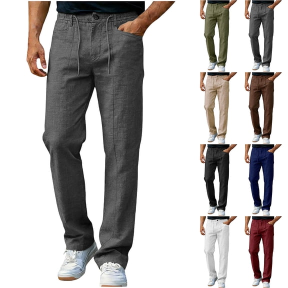 Hinvhai Mens Cotton Linen Blend Golf Dress Pants, Flat Front, Durable Twill, Regular Fit, Breathable & Lightweight White