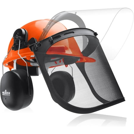 6-in-1 Industrial Chainsaw Helmet with Face Shield and Ear Muffs — Mesh & Clear Plastic Visors Included — ANSI Z89.1 Certified — Adjustable Headgear — Ideal for Forestry and Arborist Work