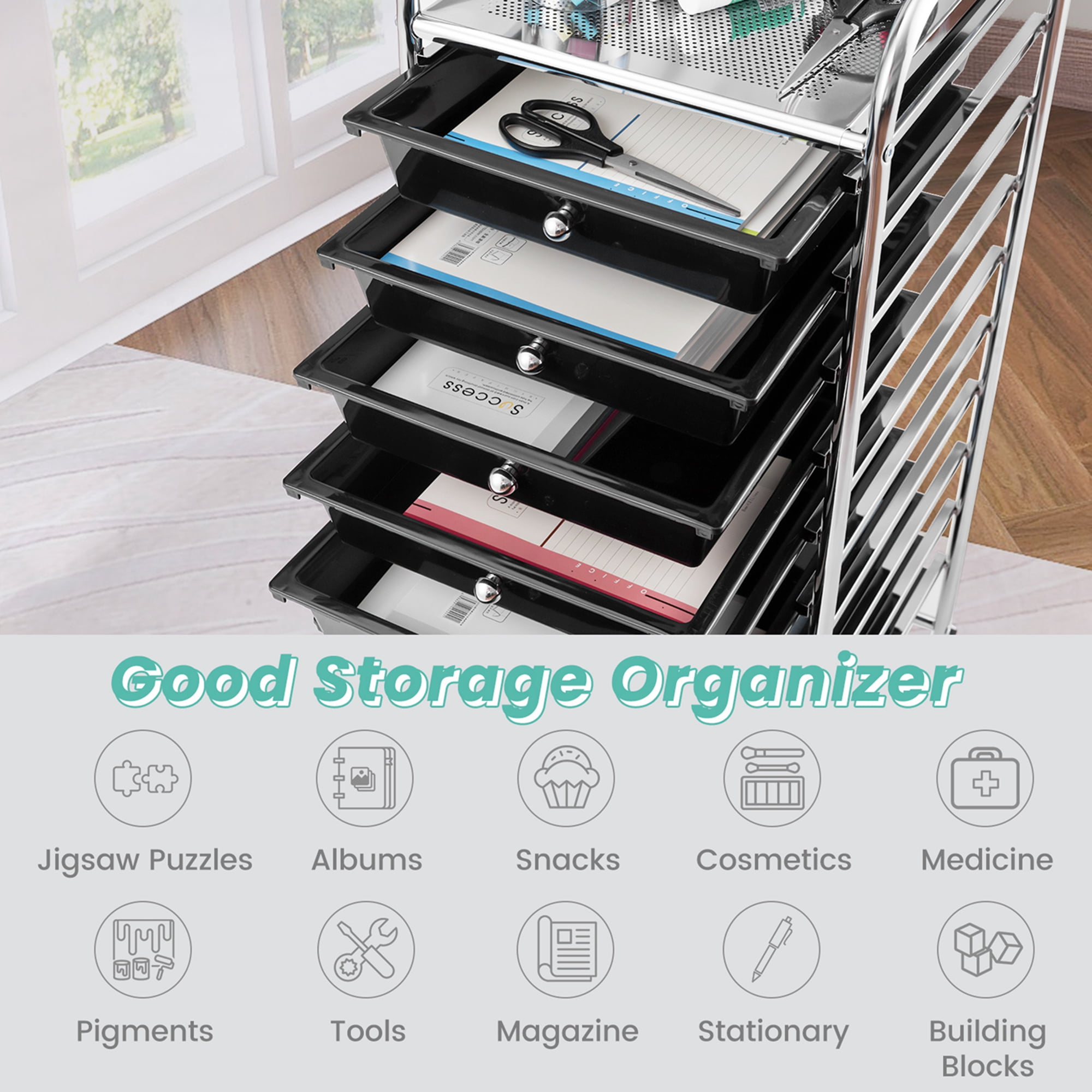 Costway 10 Drawer Rolling Storage Cart Scrapbook Paper Office School Organizer Black