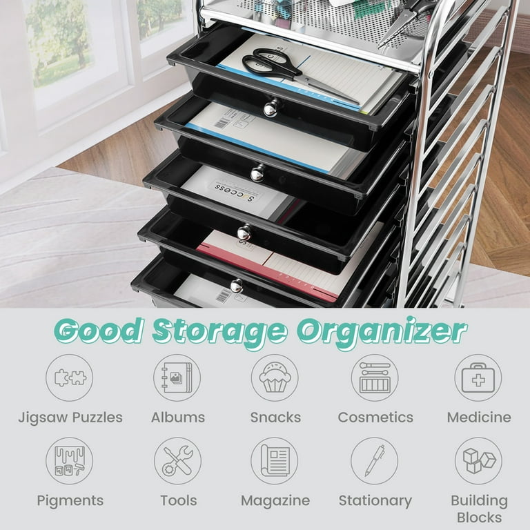Costway 10 Drawer Rolling Storage Cart Scrapbook Paper Office School Organizer Black - Walmart.com