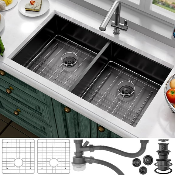 33" Undermount Kitchen Sink Double Bowl Stainless Steel Sink Black Workstation