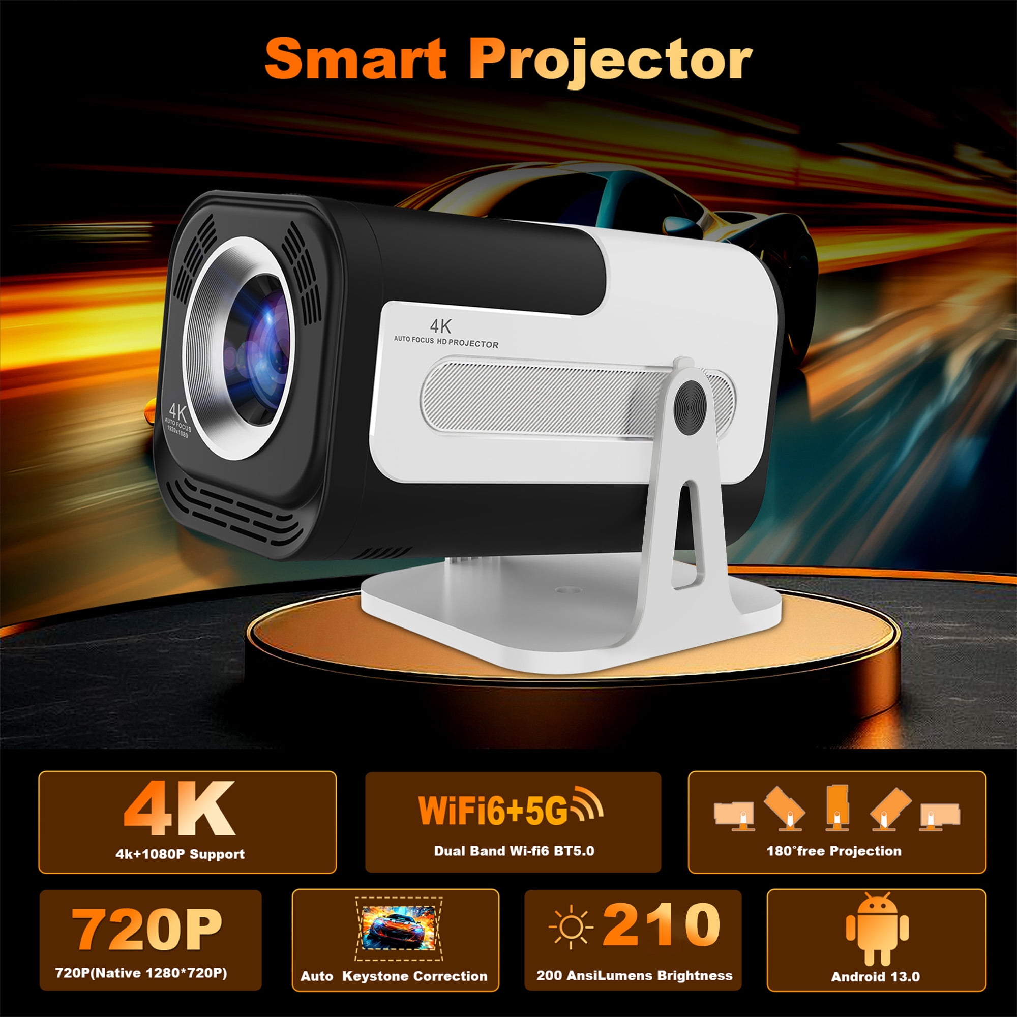 BDQ Mini Portable Projector, Support 4K 1080P with Dual-Band WIFI6 5G Wireless 5.0 Bluetooth Android 13, 180° Rotatable, Auto Keystone Correction, 35"-130" Screen Video Projector