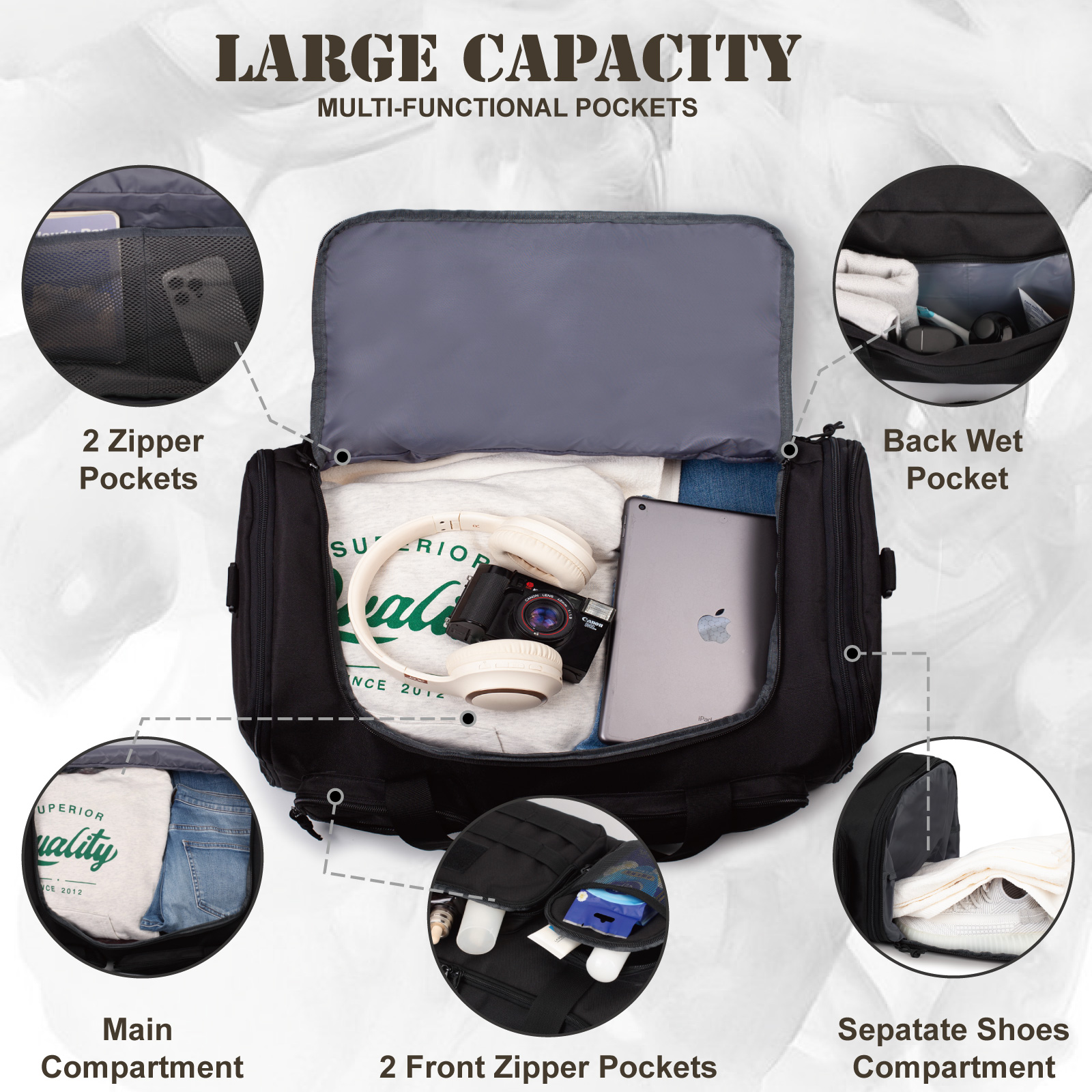 TRIPGEAR 45L 2-in-1 Gym Duffle Bag for Men, Travel Backpack with Shoe & Wet Pocket, Overnight Carry-on Bag