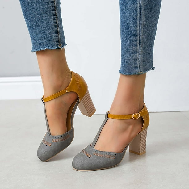Zapatos de tacón grueso con hebilla hueca para mujer, sandalias de bomba a juego de colores Wmkox8yii shjk4005