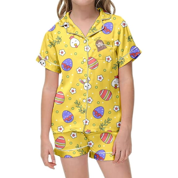 Rhuody Girl Easter Outfits Short Sleeve Button Down 2 Piece Children'S Pajama Set With Bunny Egg Print Shirt Shorts Pajama Set Basic Spring Clothes 8-9 Years Yellow