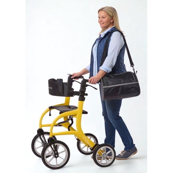 Comodita Siena All Terrain with very large 12" and 10" wheels, with ultra soft solid rugged PU tires, 300 lb weight capacity, recommended for users from 5'4" to 6'5". Modena Yellow