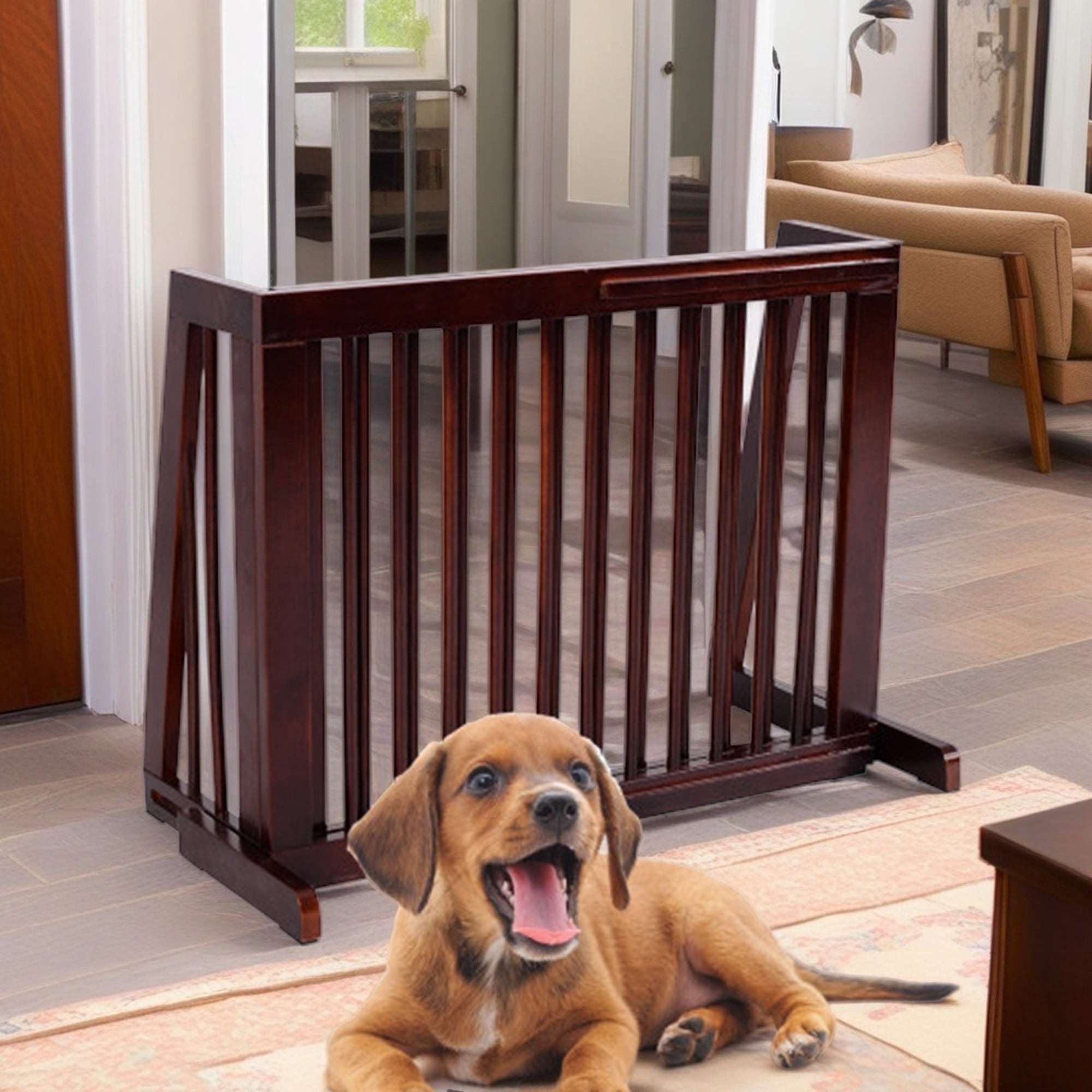Demi Bonn 80" Free Standing Pet Gates for Dogs Fence, Wood Dog Gates for The House, Doorways and Stairs, Pet Fence for Indoor Adjustable from 20" to 80", Brown