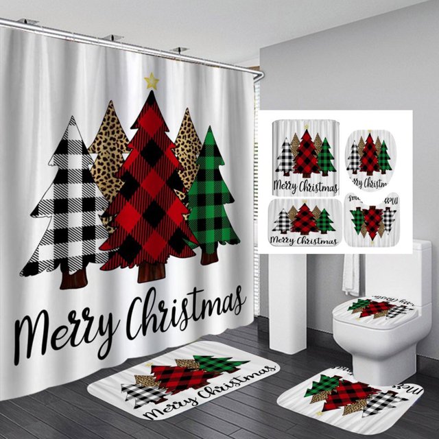 PATIO 4 Pieces Set 3D Digital Printing High-Density Merry Christmas Theme Pattern Shower Curtain Set Bathroom Floor Mat Base Mat Toilet Mat Home Holiday Decoration Bathroom Accessories Ch
