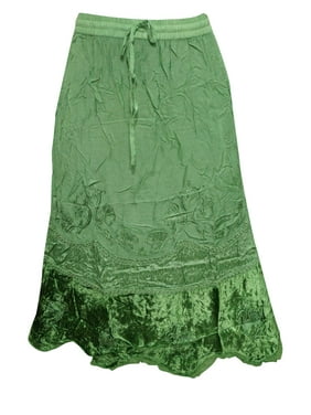 Mogul Women's Boho Skirt Medeival Green Embroidered Rayon Velvet Fringe Skirts