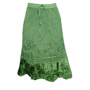 Mogul Women's Boho Skirt Medeival Green Embroidered Rayon Velvet Fringe Skirts